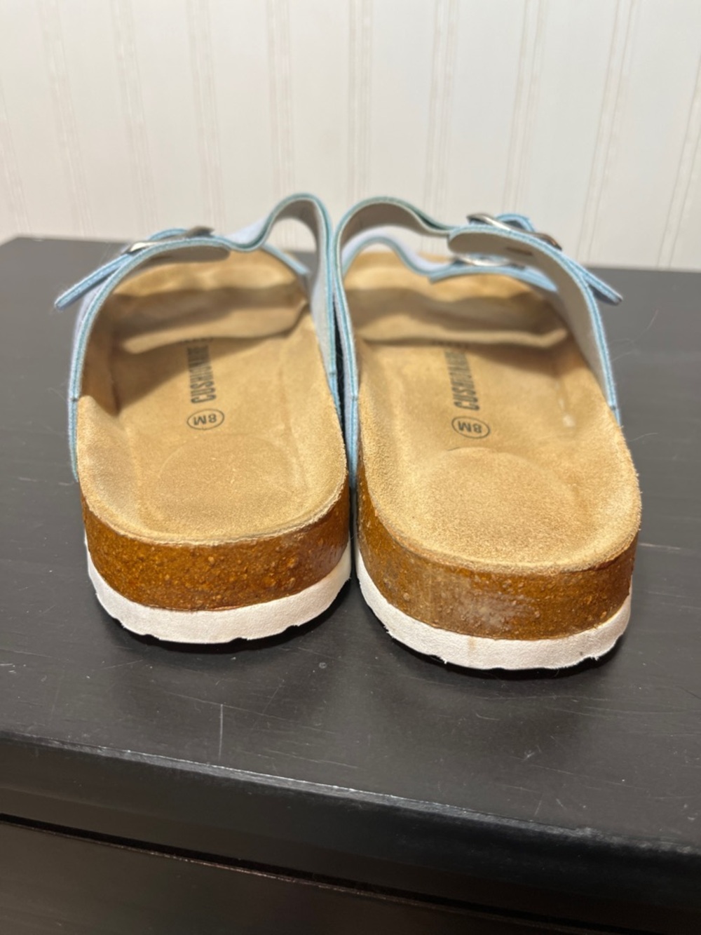 Cushionaire Light Blue Suede Two-Strap Buckle Cork Sandals - Size 8 Medium - Picture 3 of 14